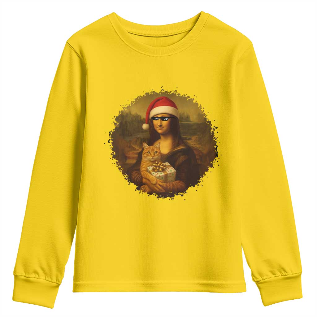 Chritsmas Mona Lisa Youth Sweatshirt Funny Holiday Kitty Lover - Wonder Print Shop