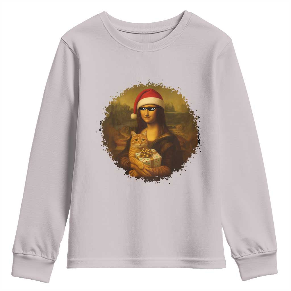 Chritsmas Mona Lisa Youth Sweatshirt Funny Holiday Kitty Lover - Wonder Print Shop