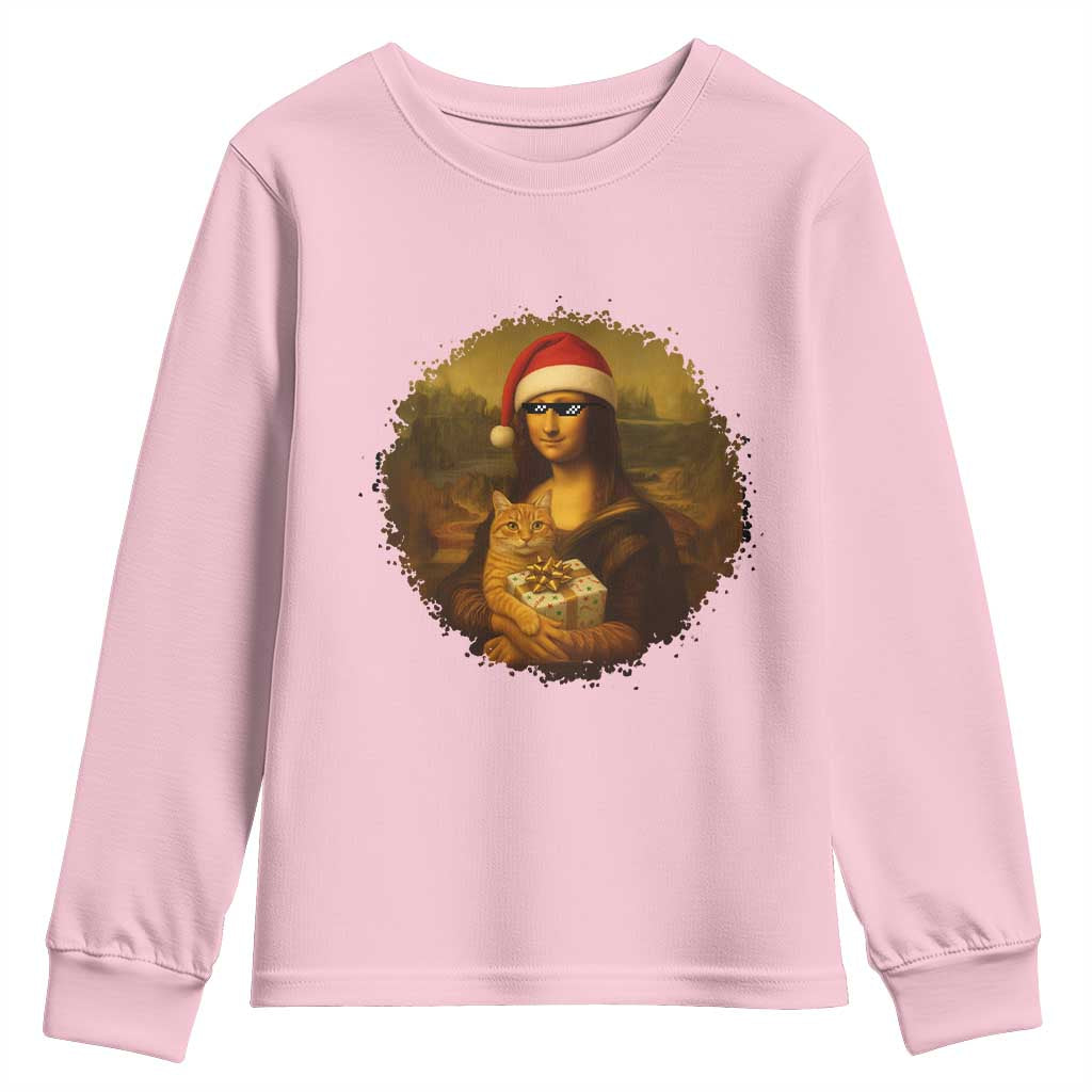 Chritsmas Mona Lisa Youth Sweatshirt Funny Holiday Kitty Lover - Wonder Print Shop