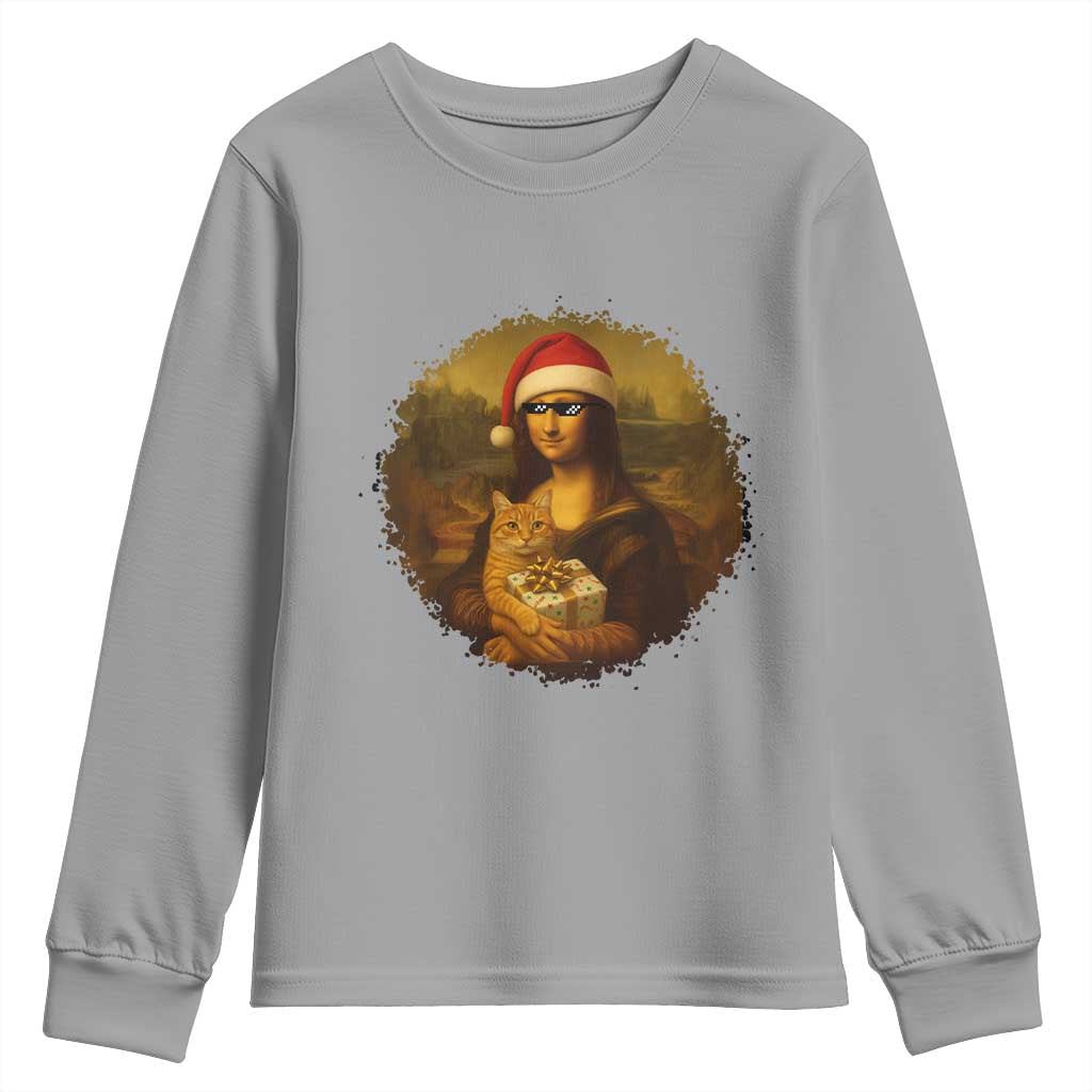 Chritsmas Mona Lisa Youth Sweatshirt Funny Holiday Kitty Lover - Wonder Print Shop
