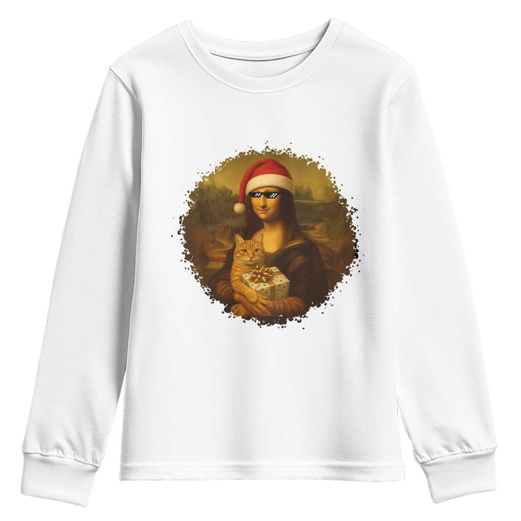 Chritsmas Mona Lisa Youth Sweatshirt Funny Holiday Kitty Lover - Wonder Print Shop