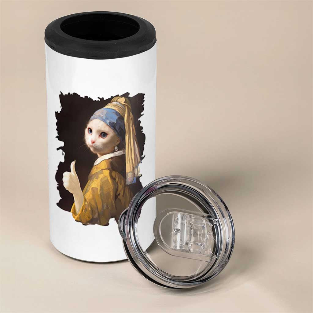 Funny Cat With A Pearl Earring Parody Art 4 in 1 Can Cooler Tumbler