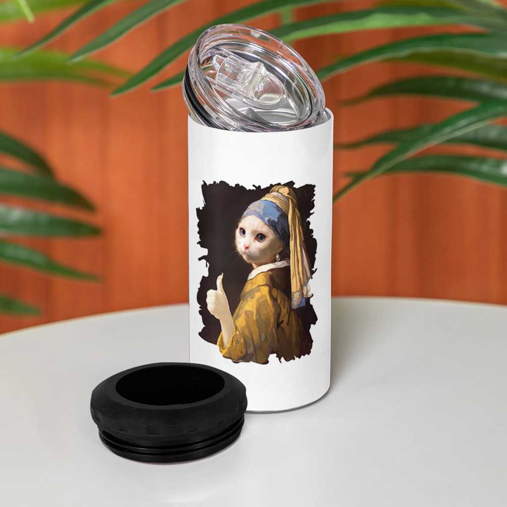 Funny Cat With A Pearl Earring Parody Art 4 in 1 Can Cooler Tumbler