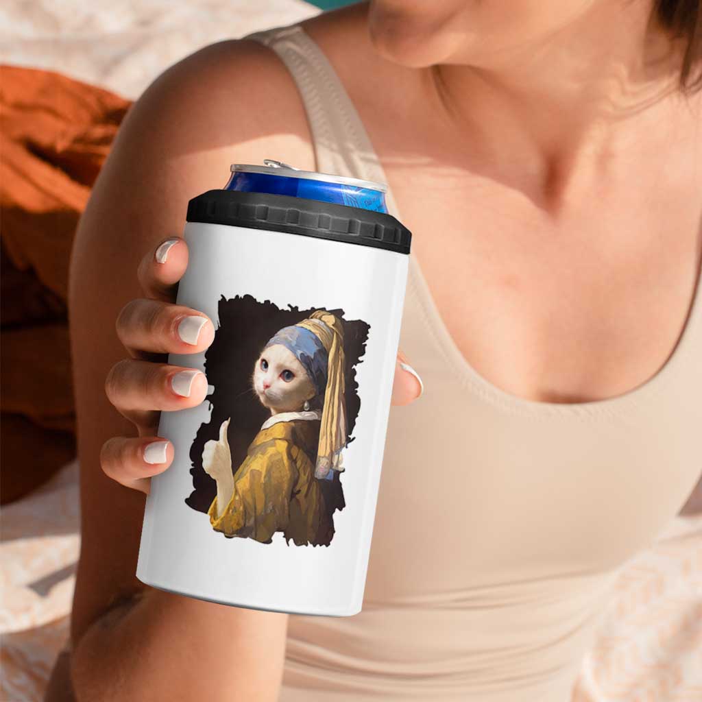 Funny Cat With A Pearl Earring Parody Art 4 in 1 Can Cooler Tumbler