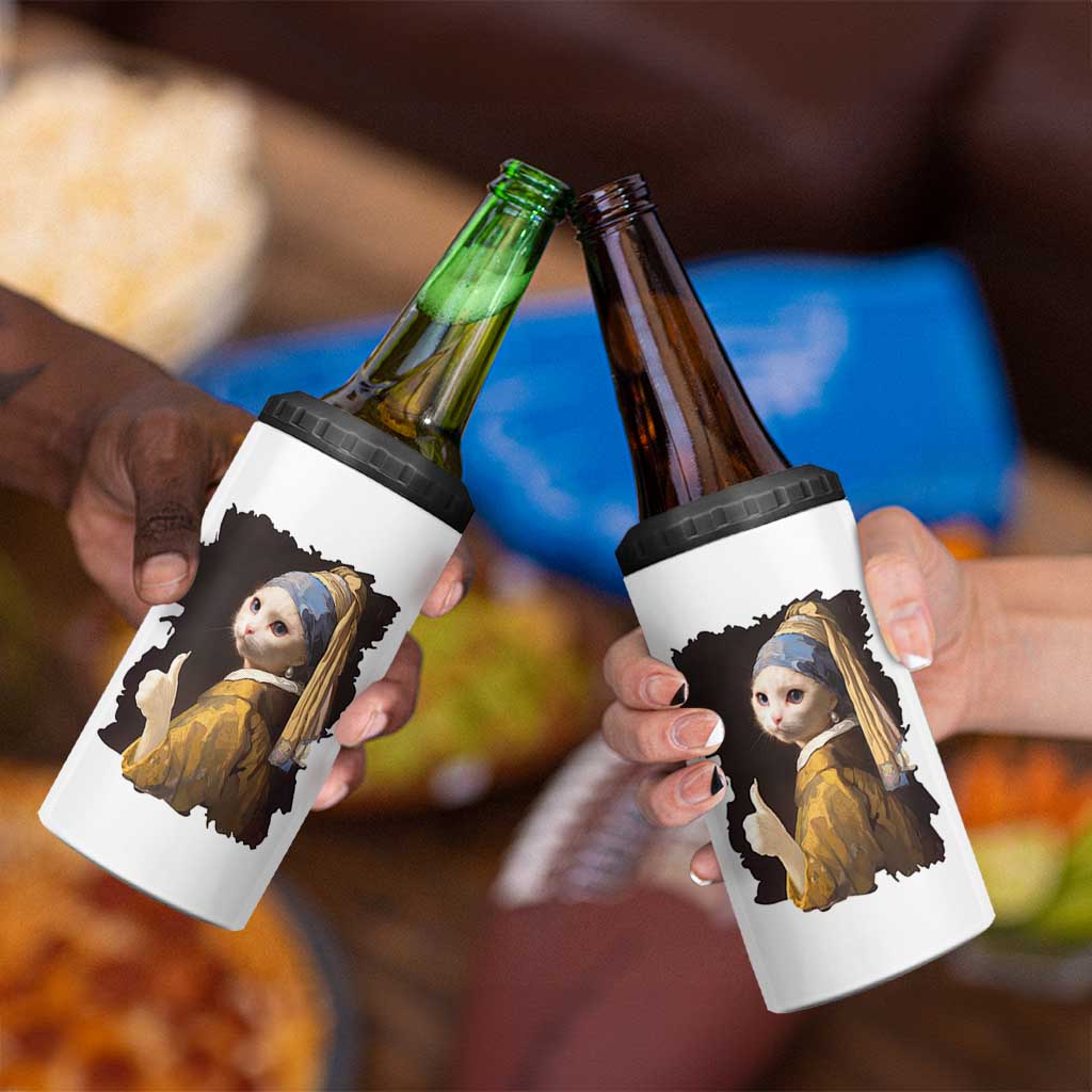 Funny Cat With A Pearl Earring Parody Art 4 in 1 Can Cooler Tumbler