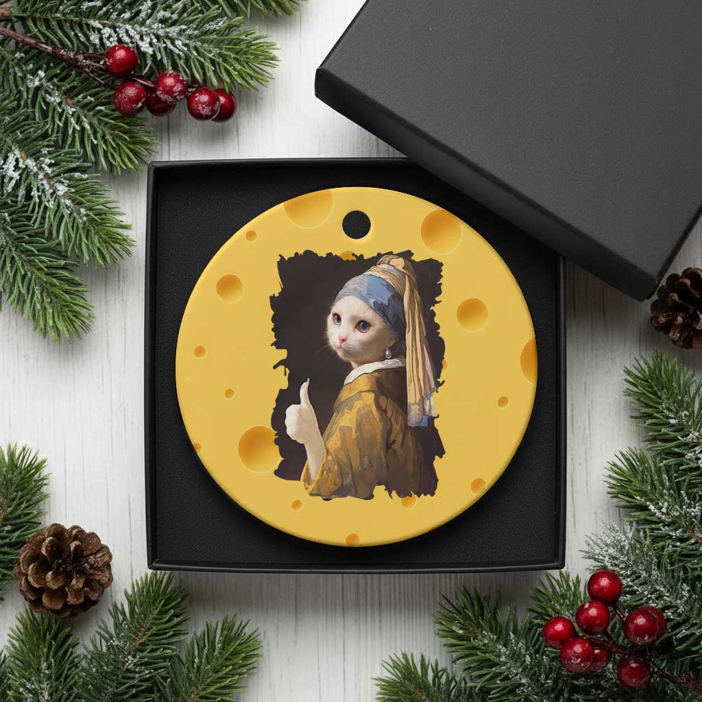 Funny Cat With A Pearl Earring Parody Art Ceramic Ornament - Wonder Print Shop