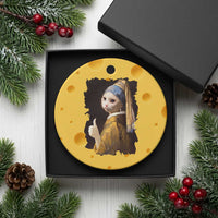 Funny Cat With A Pearl Earring Parody Art Ceramic Ornament - Wonder Print Shop