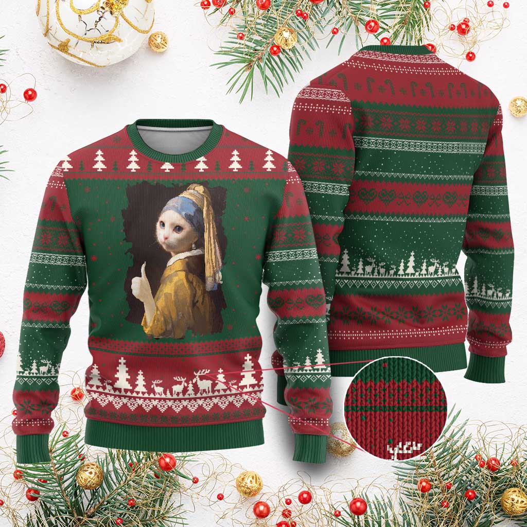 Funny Cat With A Pearl Earring Parody Art Ugly Christmas Sweater - Wonder Print Shop