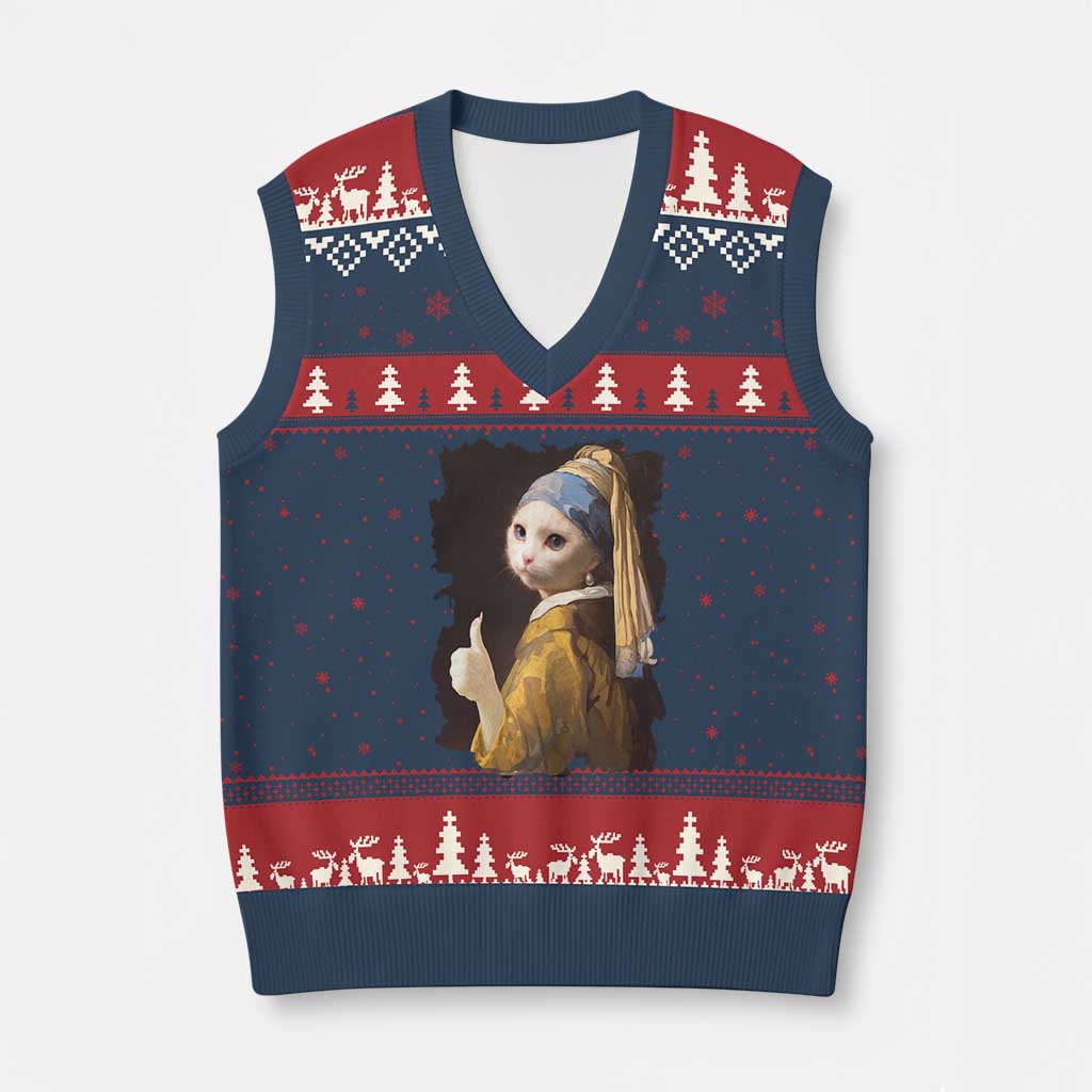 Funny Cat With A Pearl Earring Parody Art V-Neck Knit Sweater Vest - Wonder Print Shop
