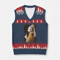 Funny Cat With A Pearl Earring Parody Art V-Neck Knit Sweater Vest - Wonder Print Shop