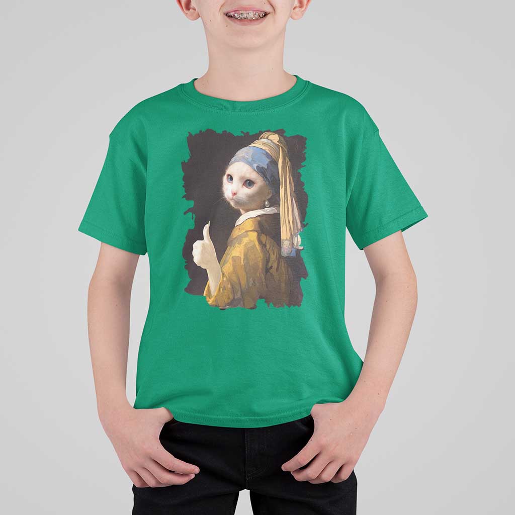 Funny Cat With A Pearl Earring Parody Art T Shirt For Kid - Wonder Print Shop