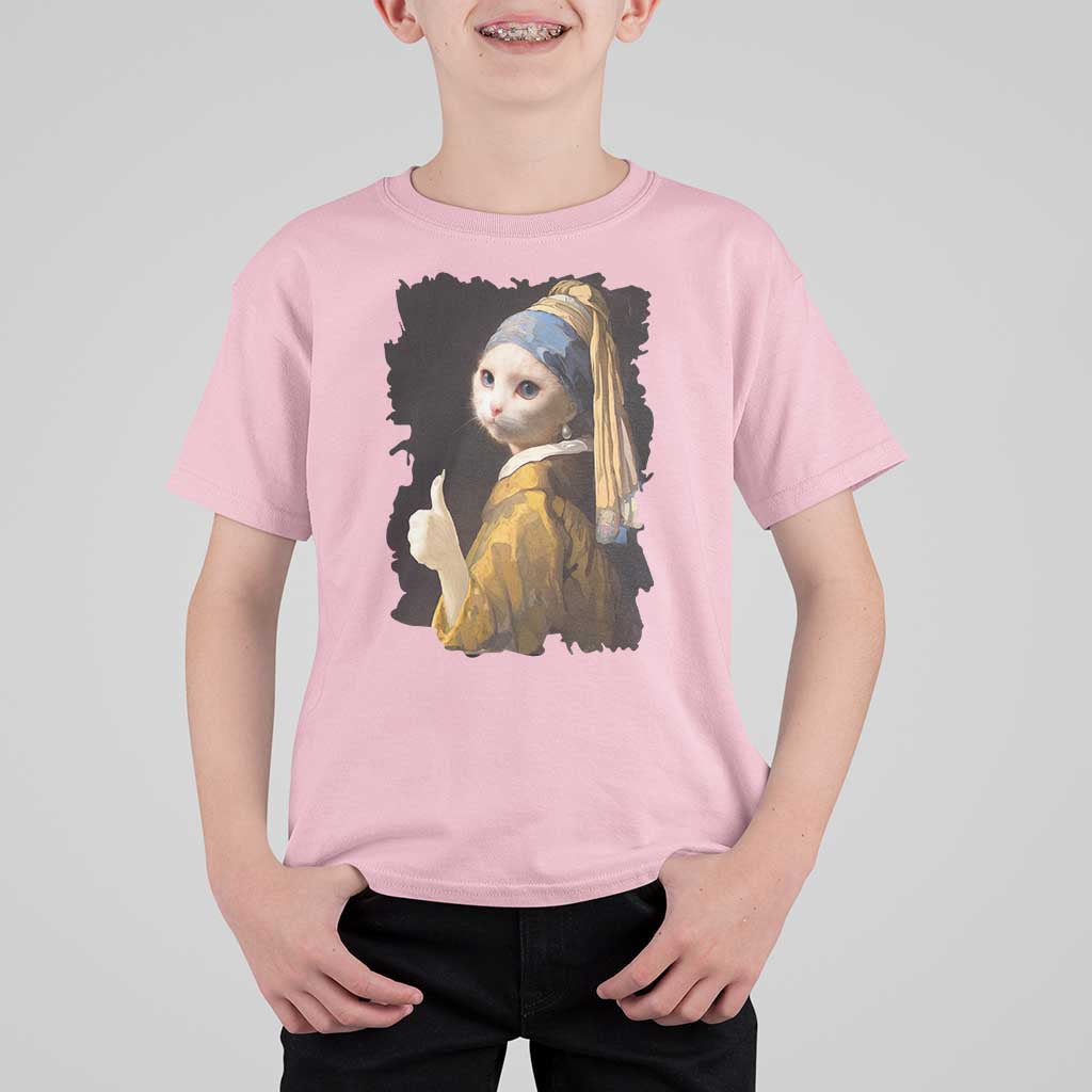 Funny Cat With A Pearl Earring Parody Art T Shirt For Kid - Wonder Print Shop
