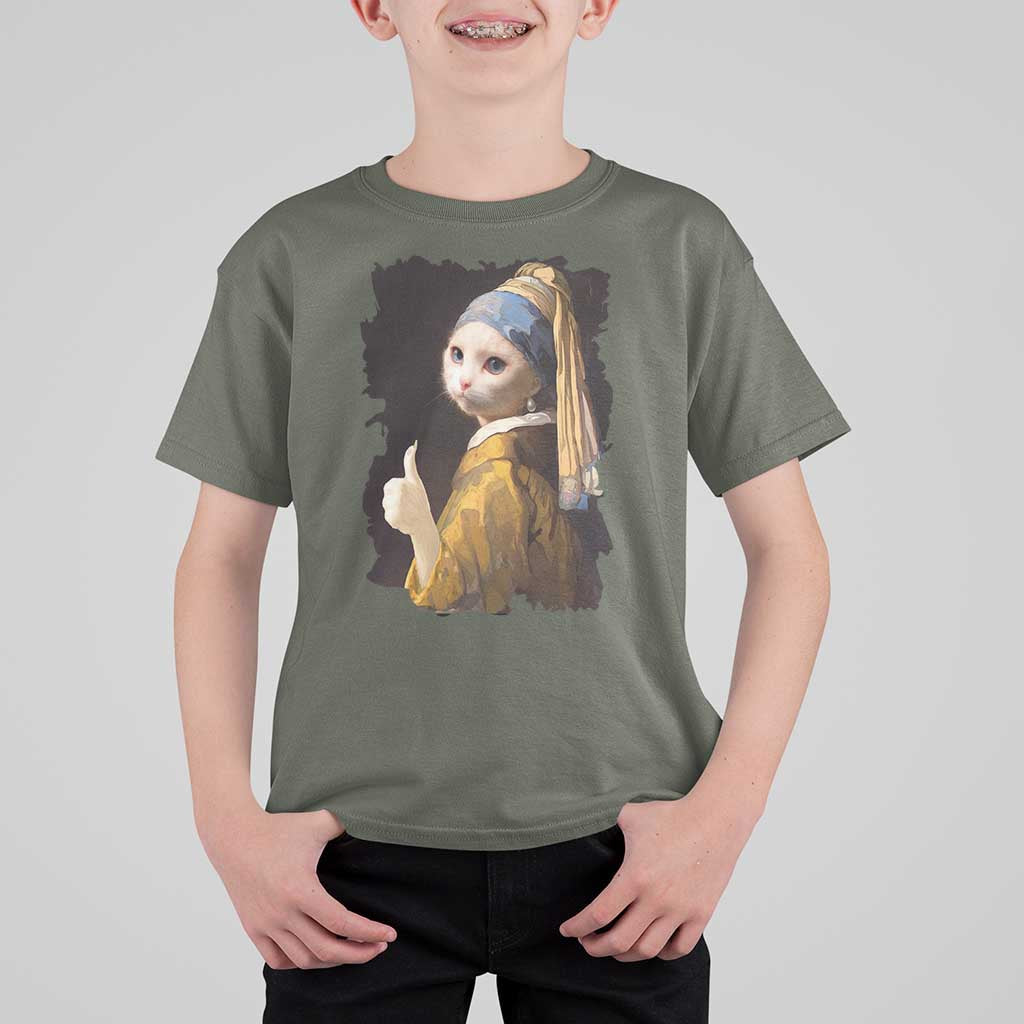 Funny Cat With A Pearl Earring Parody Art T Shirt For Kid - Wonder Print Shop