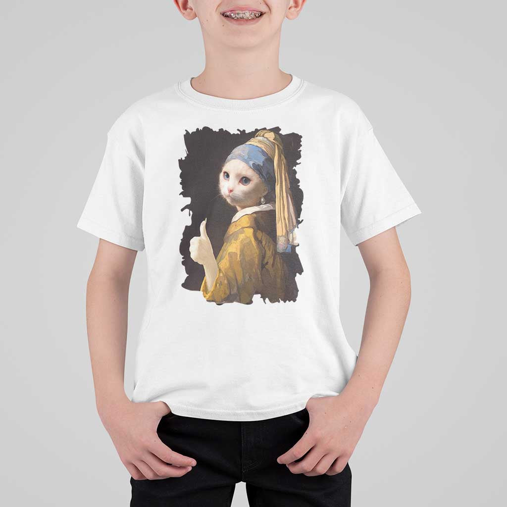 Funny Cat With A Pearl Earring Parody Art T Shirt For Kid - Wonder Print Shop