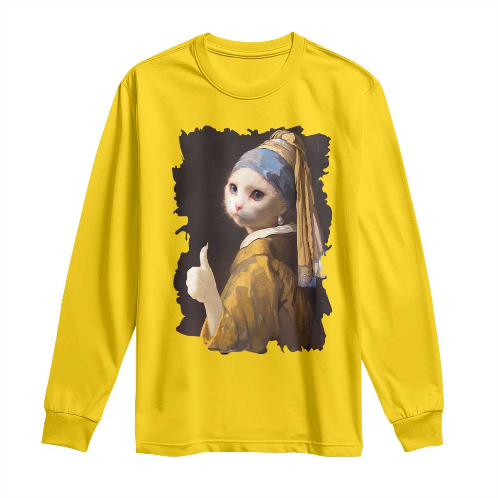 Funny Cat With A Pearl Earring Parody Art Long Sleeve Shirt - Wonder Print Shop