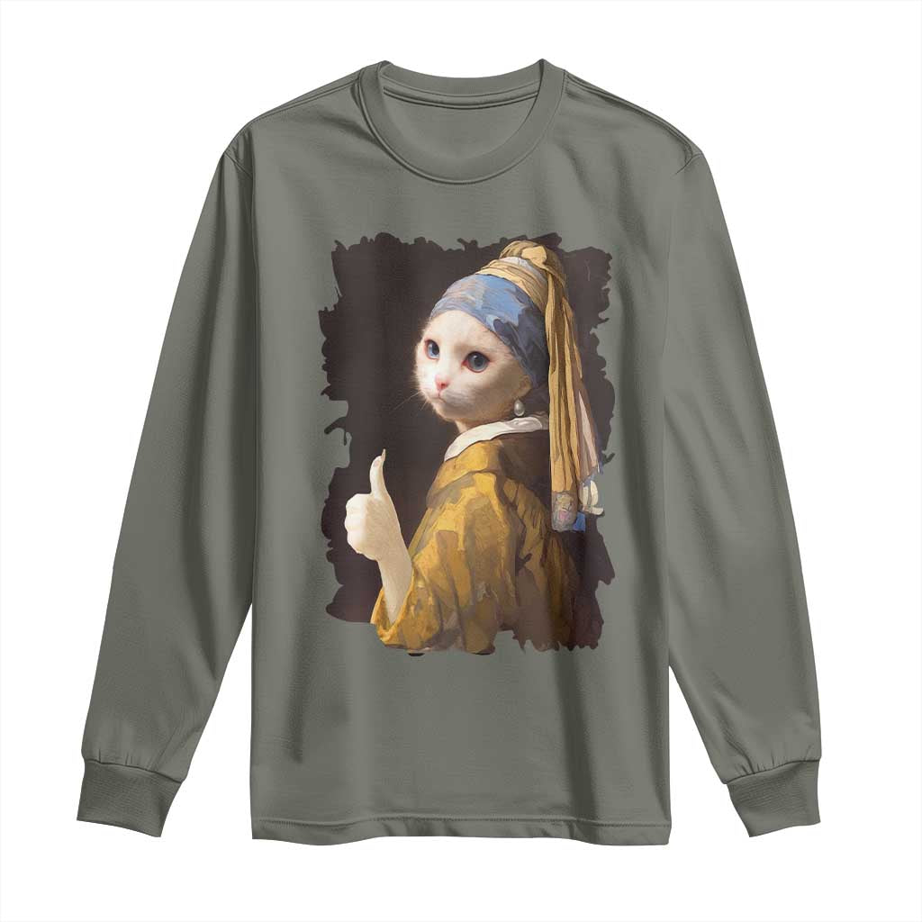 Funny Cat With A Pearl Earring Parody Art Long Sleeve Shirt - Wonder Print Shop