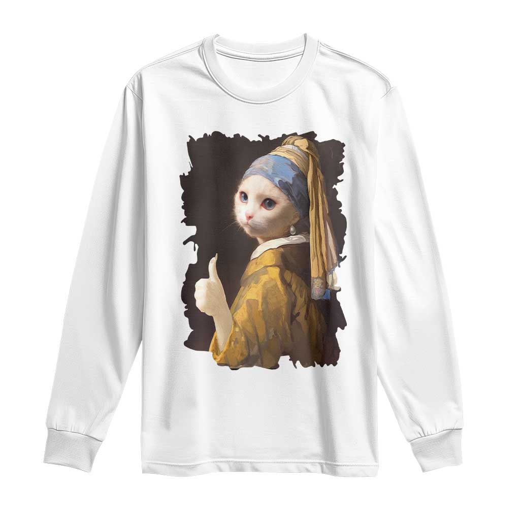 Funny Cat With A Pearl Earring Parody Art Long Sleeve Shirt - Wonder Print Shop