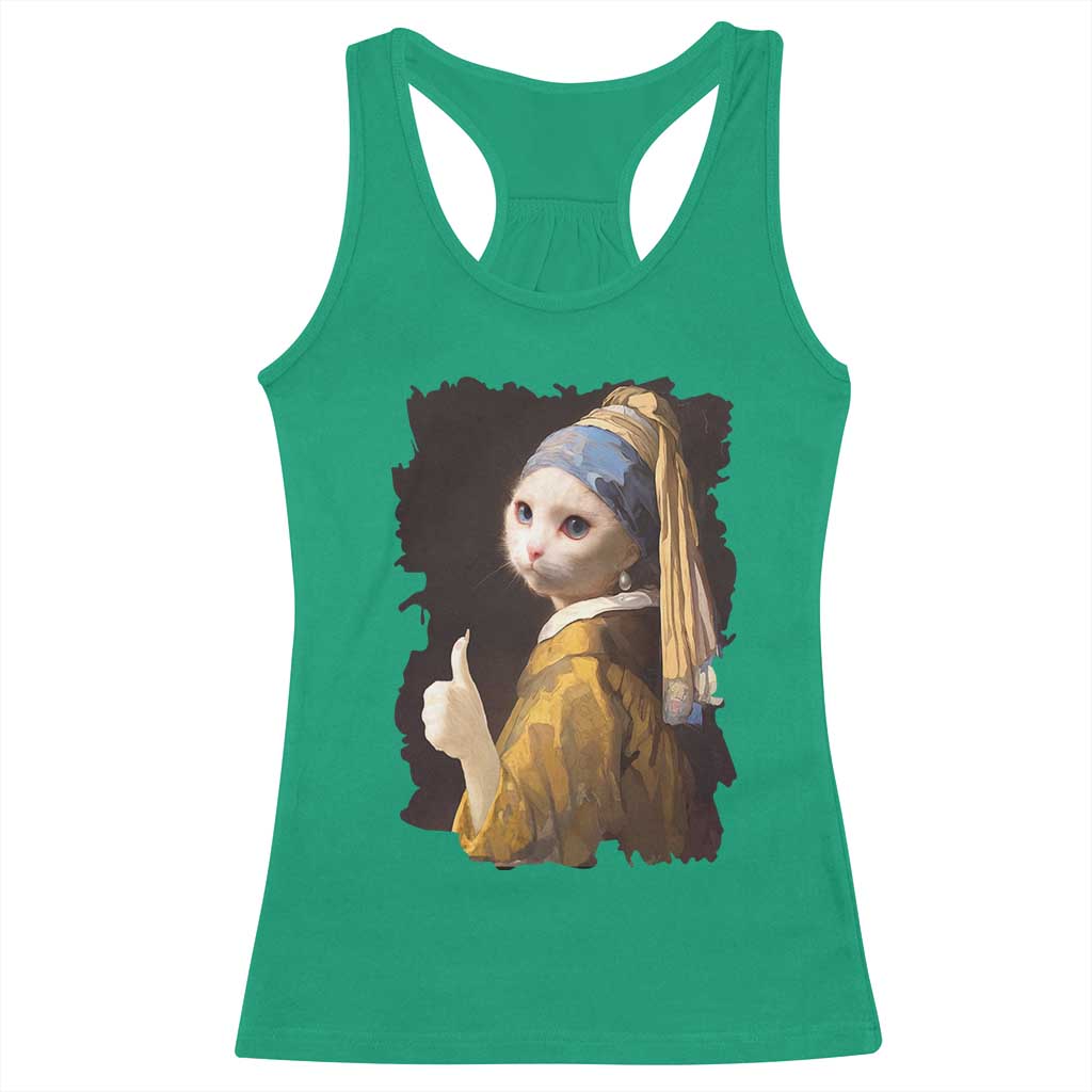 Funny Cat With A Pearl Earring Parody Art Racerback Tank Top - Wonder Print Shop