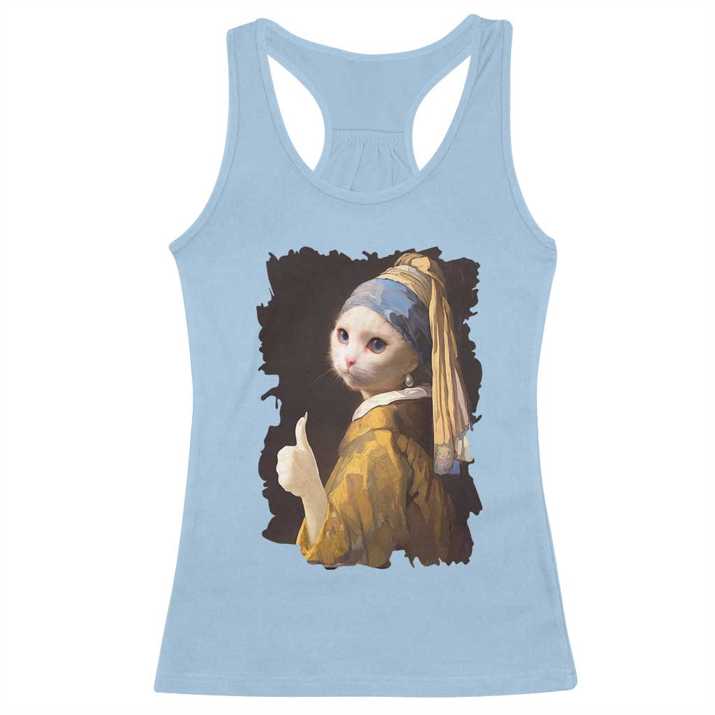 Funny Cat With A Pearl Earring Parody Art Racerback Tank Top - Wonder Print Shop