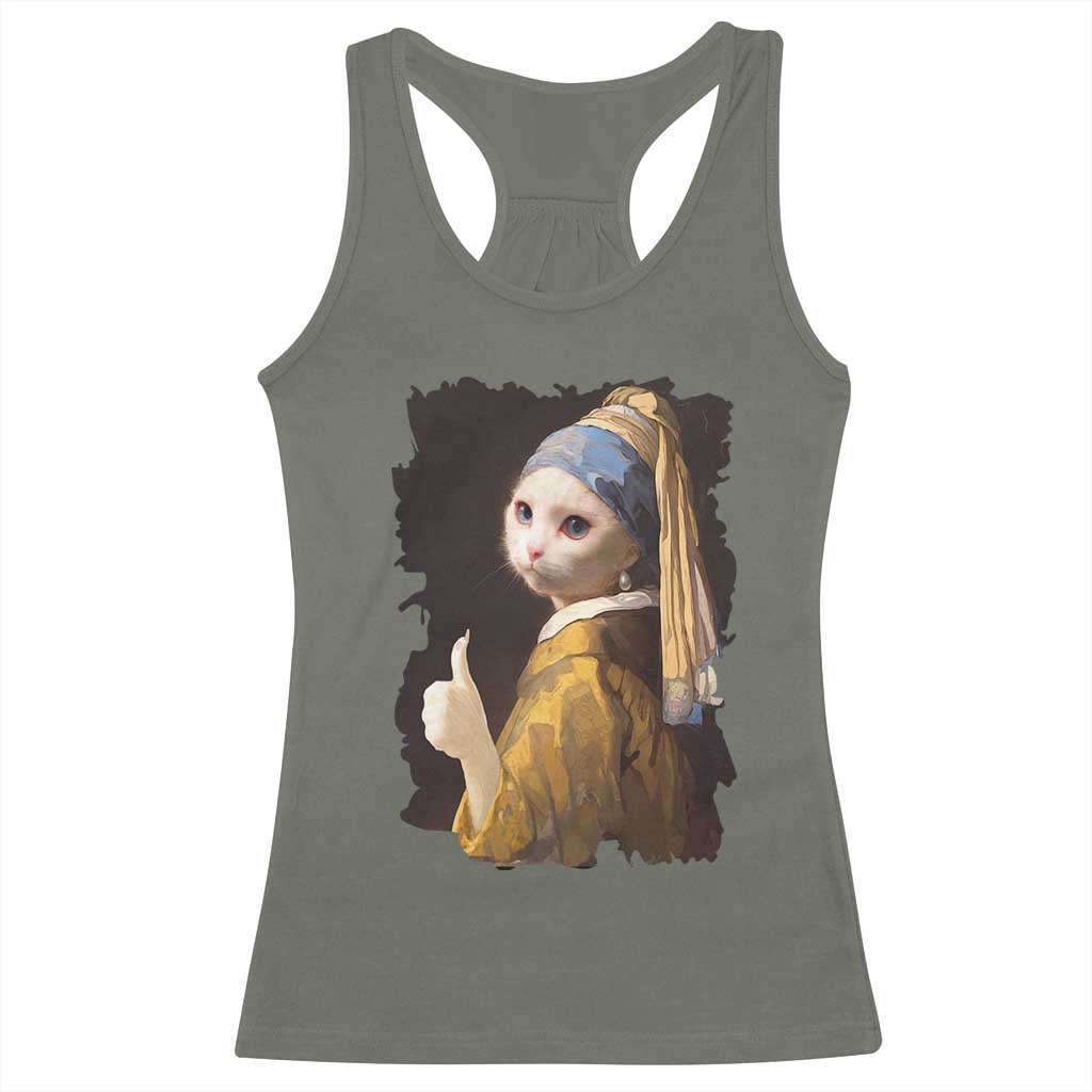 Funny Cat With A Pearl Earring Parody Art Racerback Tank Top - Wonder Print Shop
