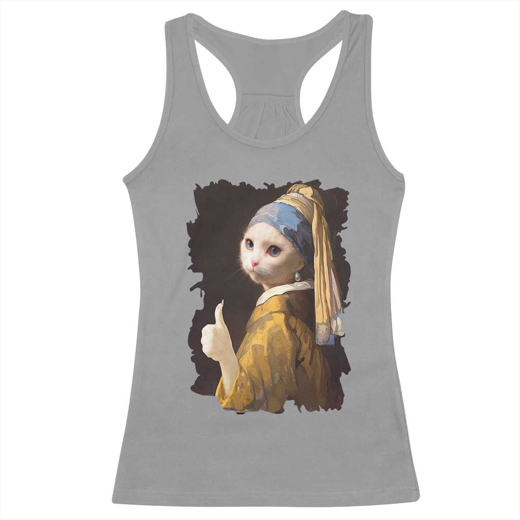Funny Cat With A Pearl Earring Parody Art Racerback Tank Top - Wonder Print Shop