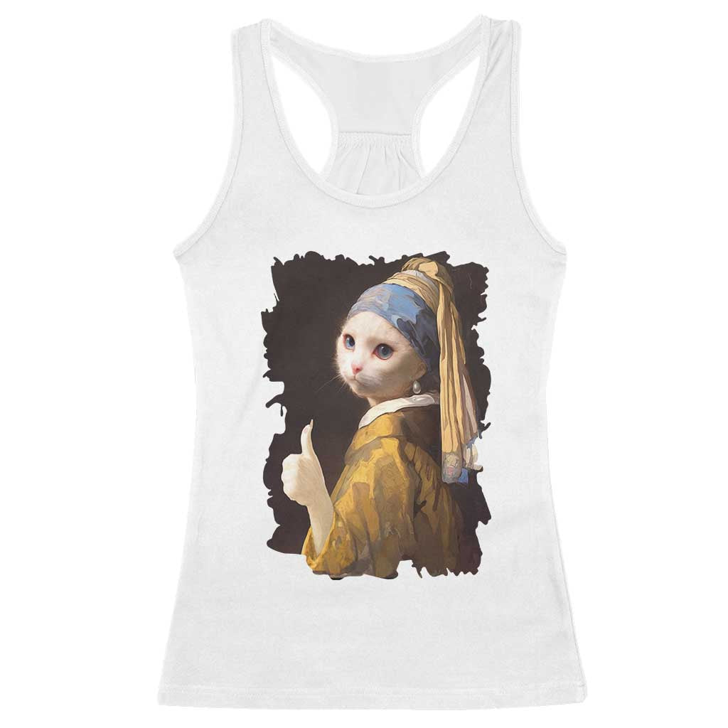 Funny Cat With A Pearl Earring Parody Art Racerback Tank Top - Wonder Print Shop