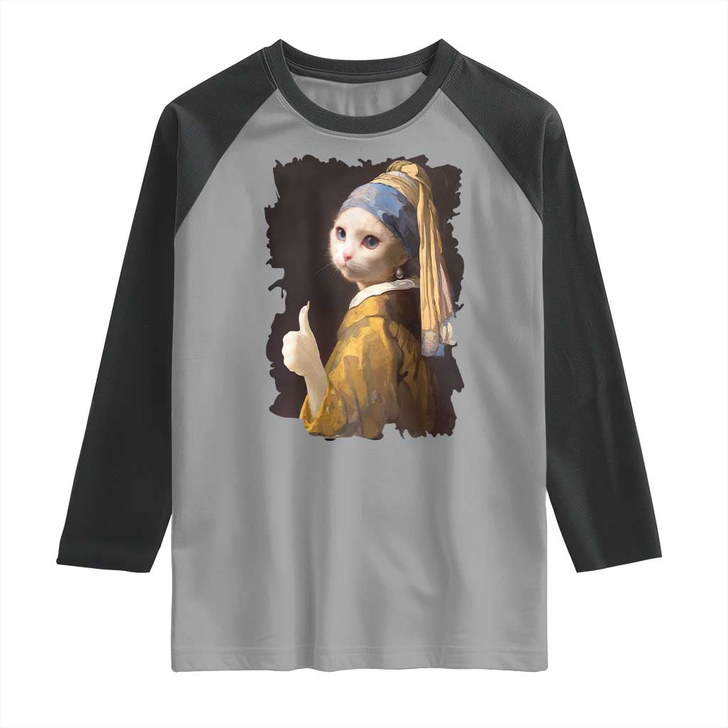 Funny Cat With A Pearl Earring Parody Art Raglan Shirt - Wonder Print Shop