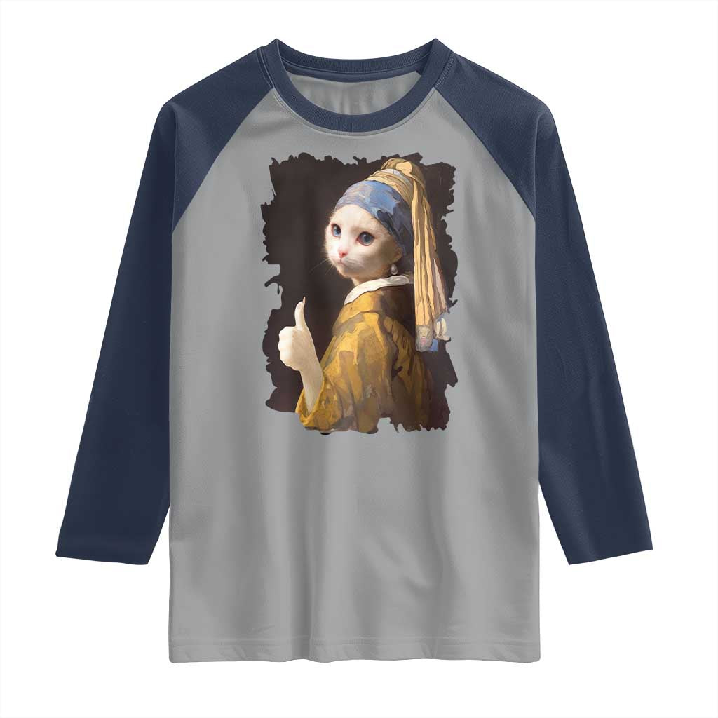 Funny Cat With A Pearl Earring Parody Art Raglan Shirt - Wonder Print Shop