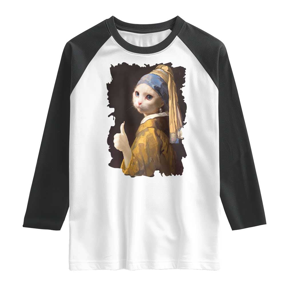 Funny Cat With A Pearl Earring Parody Art Raglan Shirt - Wonder Print Shop
