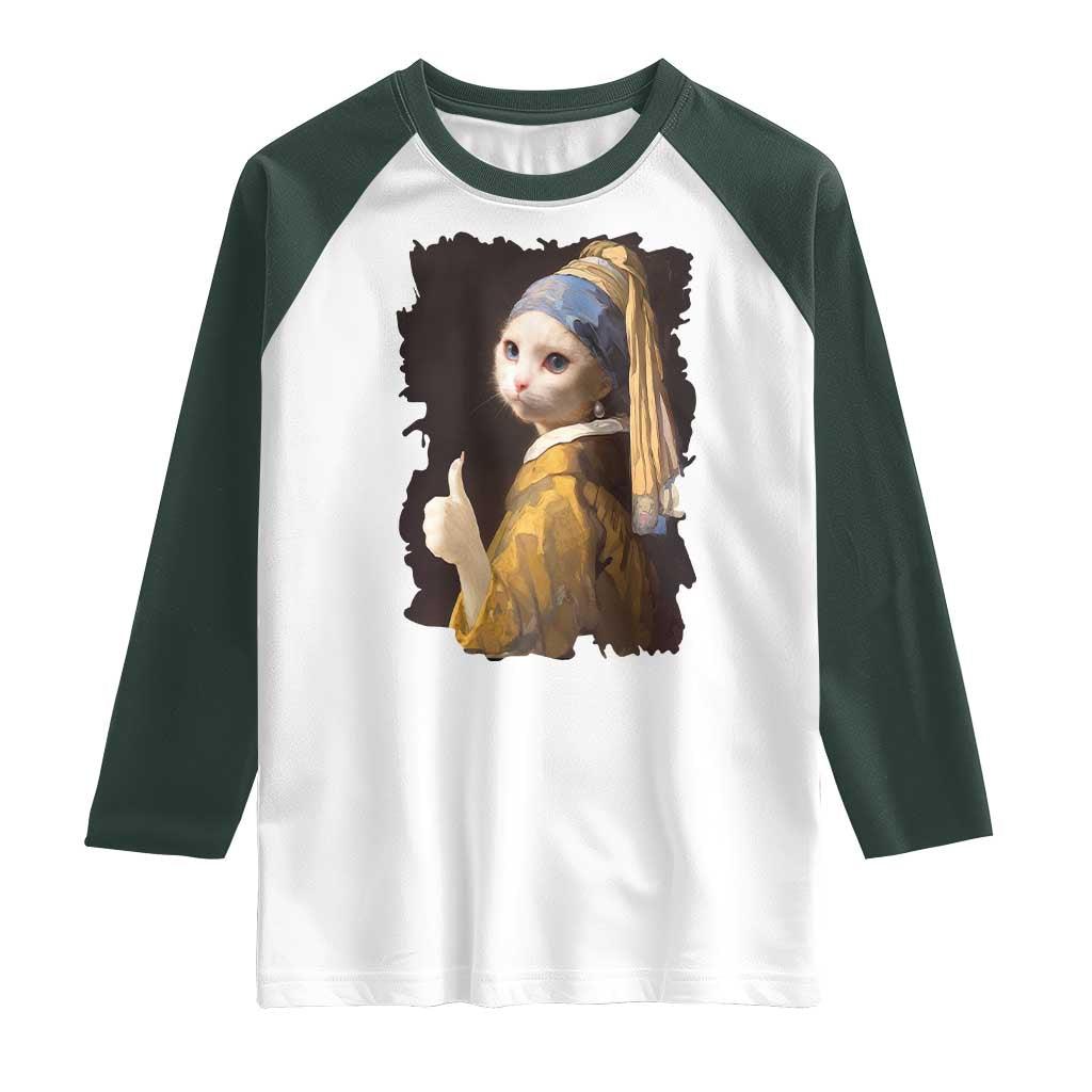 Funny Cat With A Pearl Earring Parody Art Raglan Shirt - Wonder Print Shop