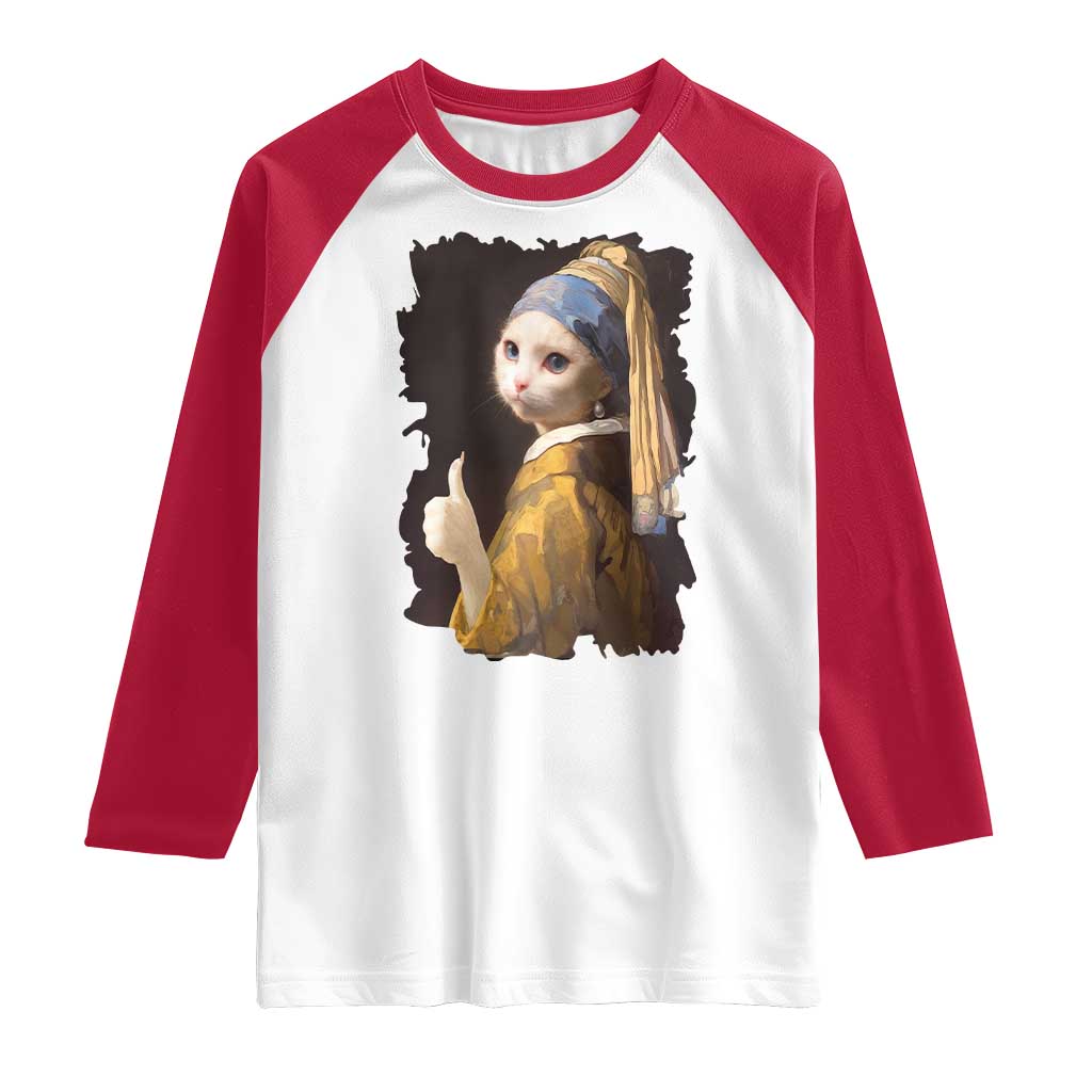Funny Cat With A Pearl Earring Parody Art Raglan Shirt - Wonder Print Shop