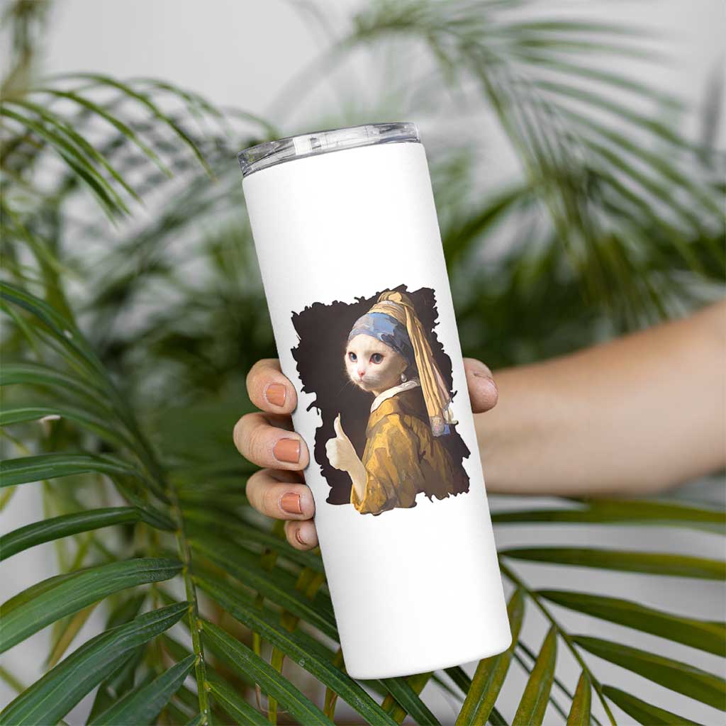 Funny Cat With A Pearl Earring Parody Art Skinny Tumbler
