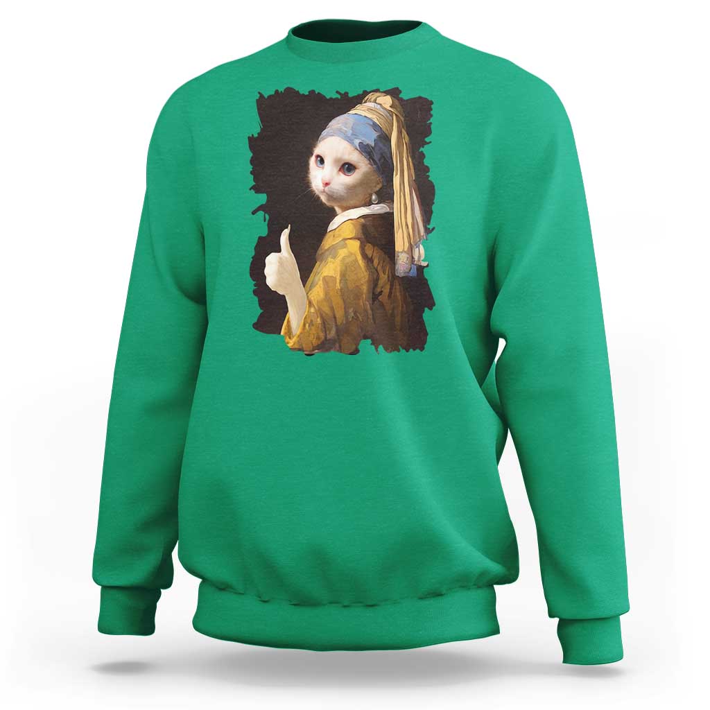 Funny Cat With A Pearl Earring Parody Art Sweatshirt - Wonder Print Shop