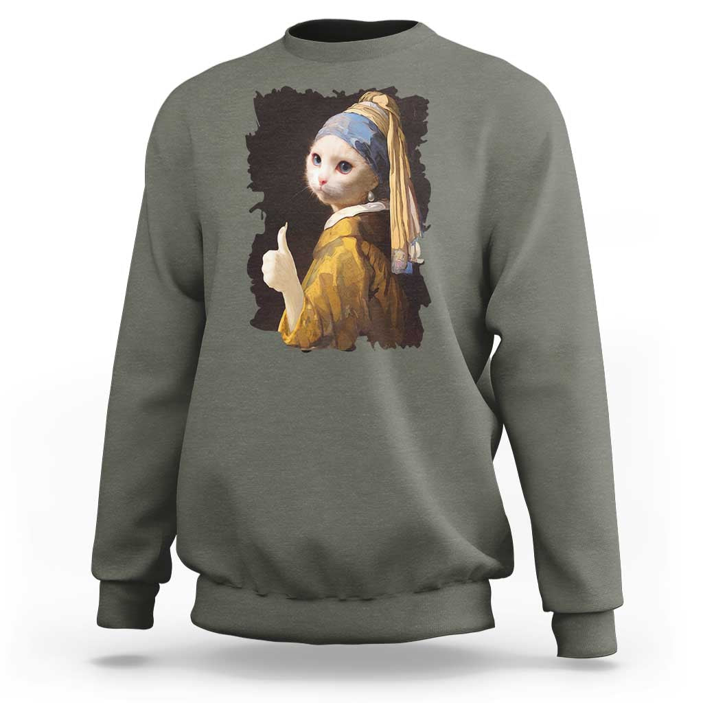 Funny Cat With A Pearl Earring Parody Art Sweatshirt - Wonder Print Shop