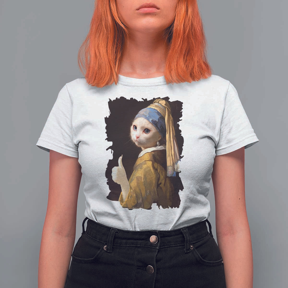 Funny Cat With A Pearl Earring Parody Art T Shirt For Women - Wonder Print Shop