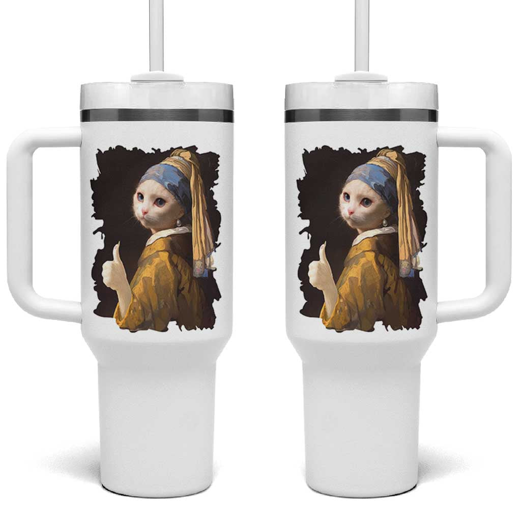Funny Cat With A Pearl Earring Parody Art Tumbler With Handle