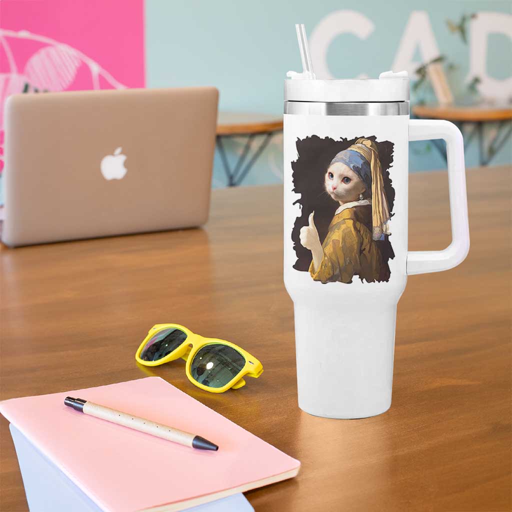 Funny Cat With A Pearl Earring Parody Art Tumbler With Handle