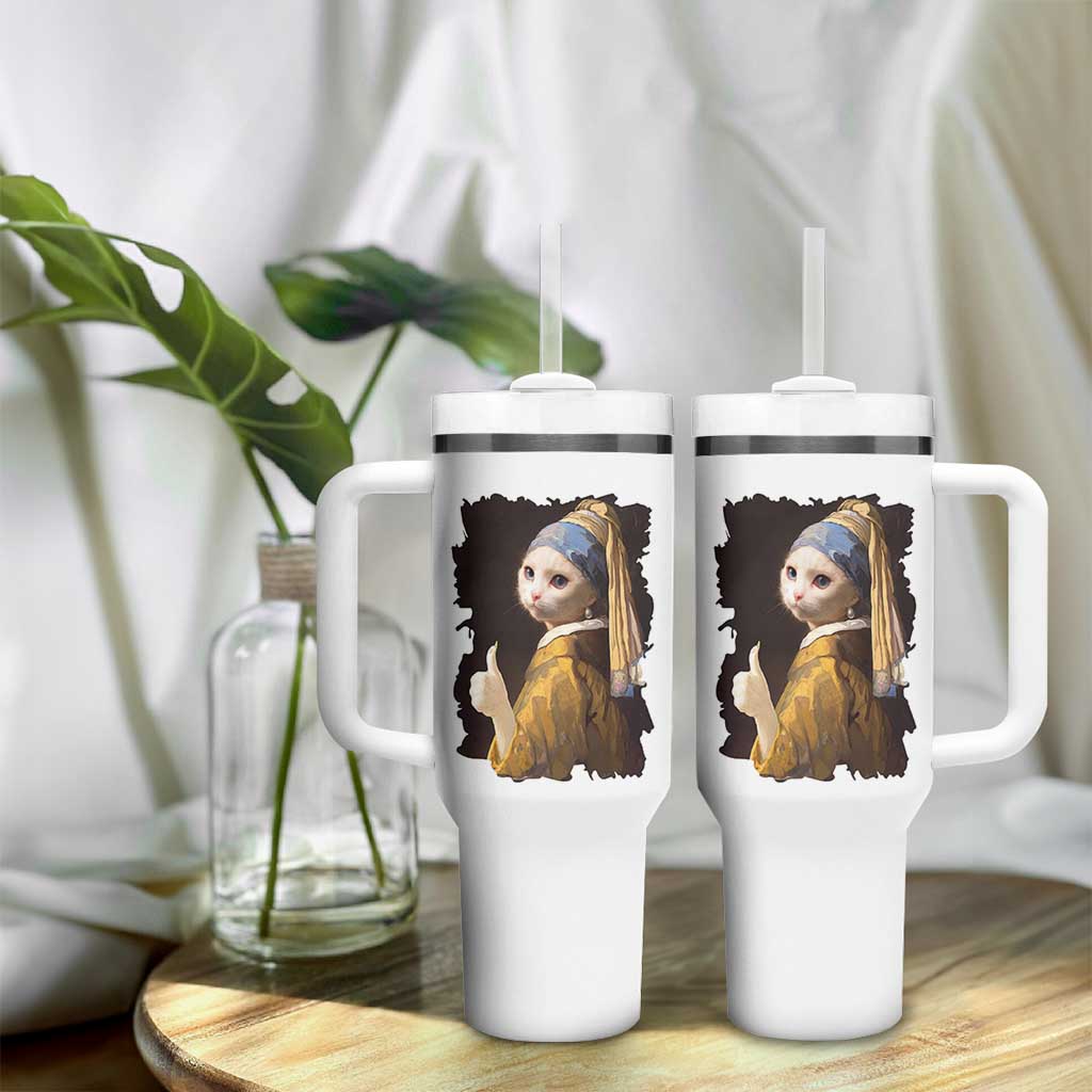 Funny Cat With A Pearl Earring Parody Art Tumbler With Handle
