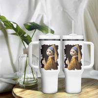 Funny Cat With A Pearl Earring Parody Art Tumbler With Handle
