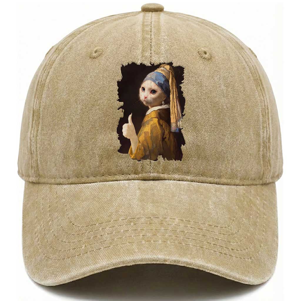 Funny Cat With A Pearl Earring Parody Art Washed Cotton Baseball Cap