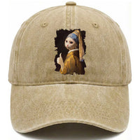 Funny Cat With A Pearl Earring Parody Art Washed Cotton Baseball Cap