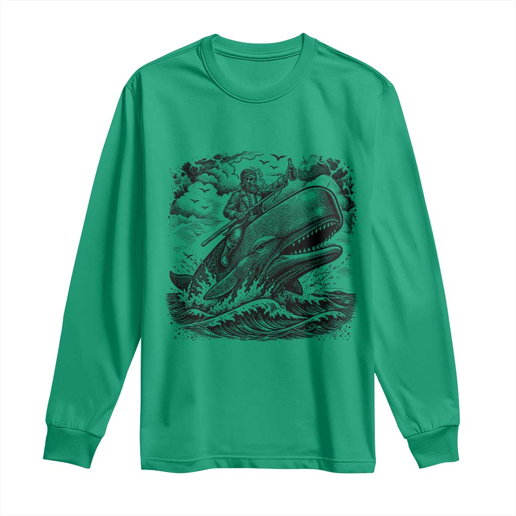 Funny Skeleton Whale Rider Long Sleeve Shirt Dark Maritime Gothic Vintage Nautical Graphic