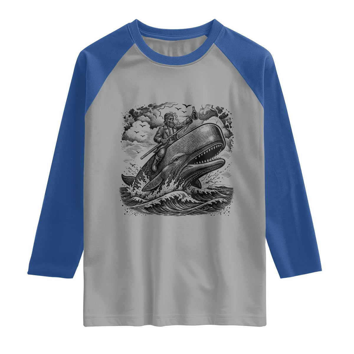 Funny Skeleton Whale Rider Raglan Shirt Dark Maritime Gothic Vintage Nautical Graphic