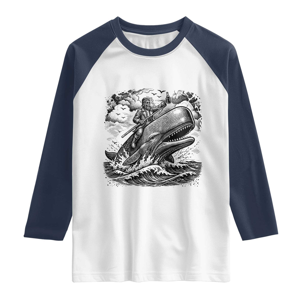 Funny Skeleton Whale Rider Raglan Shirt Dark Maritime Gothic Vintage Nautical Graphic