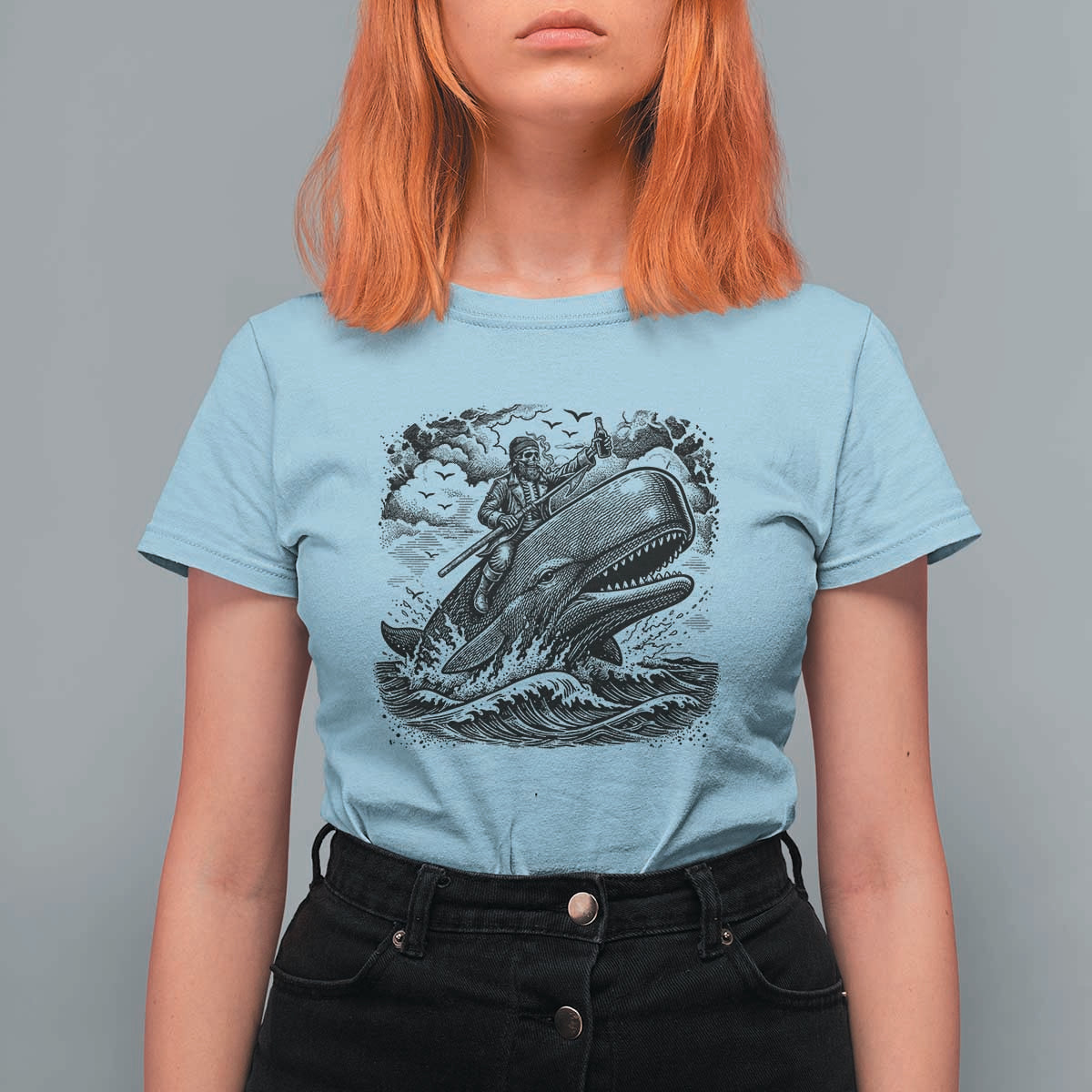 Funny Skeleton Whale Rider T Shirt For Women Dark Maritime Gothic Vintage Nautical Graphic
