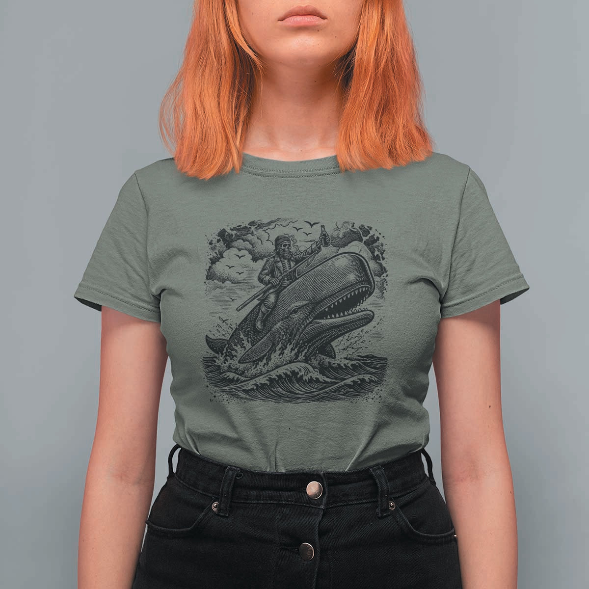 Funny Skeleton Whale Rider T Shirt For Women Dark Maritime Gothic Vintage Nautical Graphic