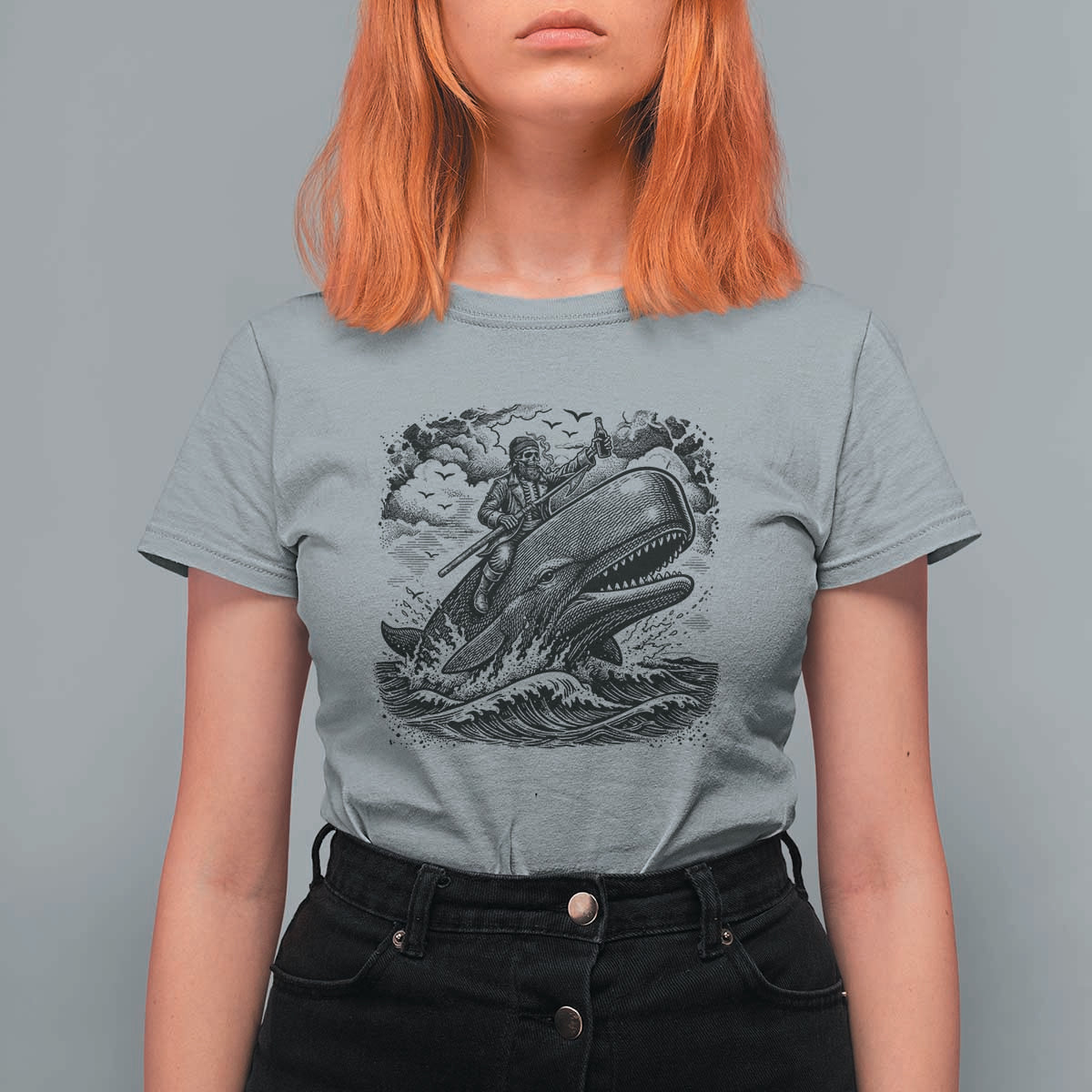 Funny Skeleton Whale Rider T Shirt For Women Dark Maritime Gothic Vintage Nautical Graphic