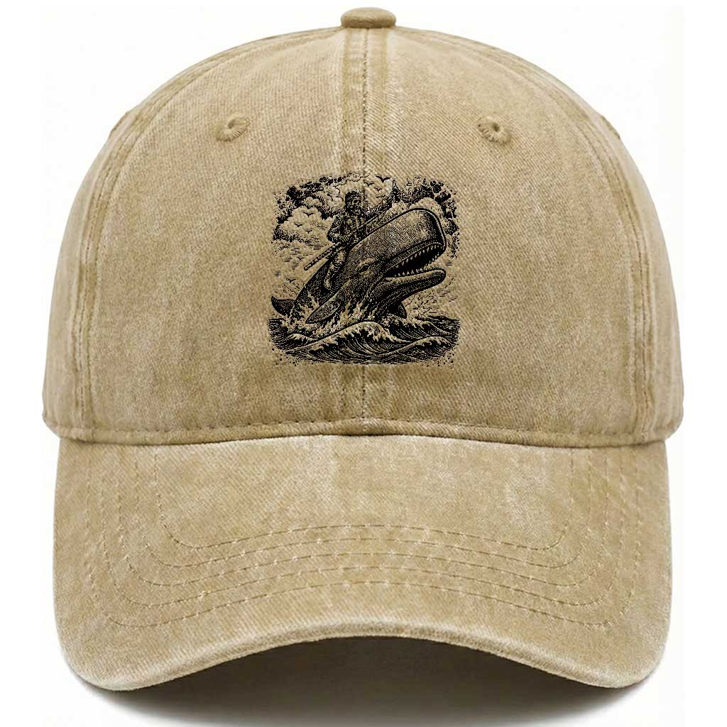 Funny Skeleton Whale Rider Washed Cotton Baseball Cap Dark Maritime Gothic Vintage Nautical Graphic