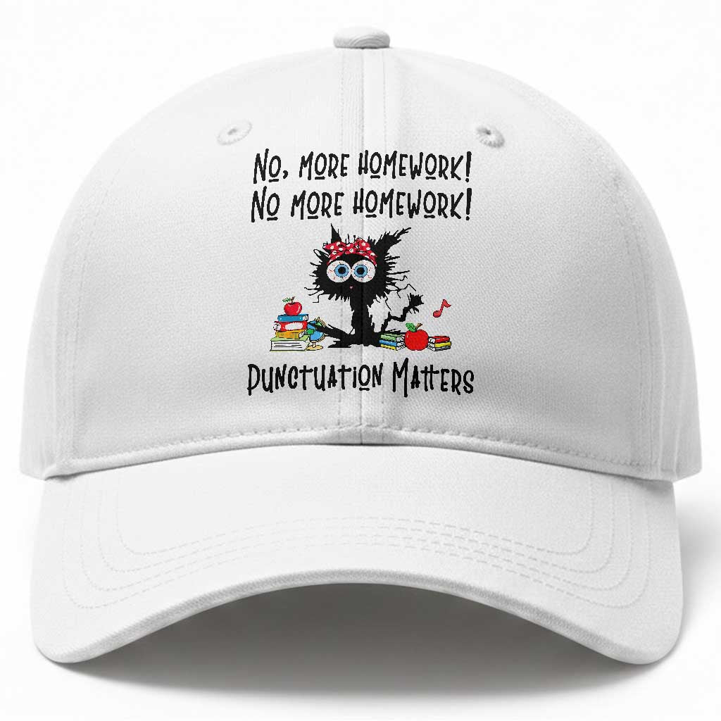 Black Cat English Teacher Gift Baseball Cap No More Homework Punctuation Matters Grammar Humor
