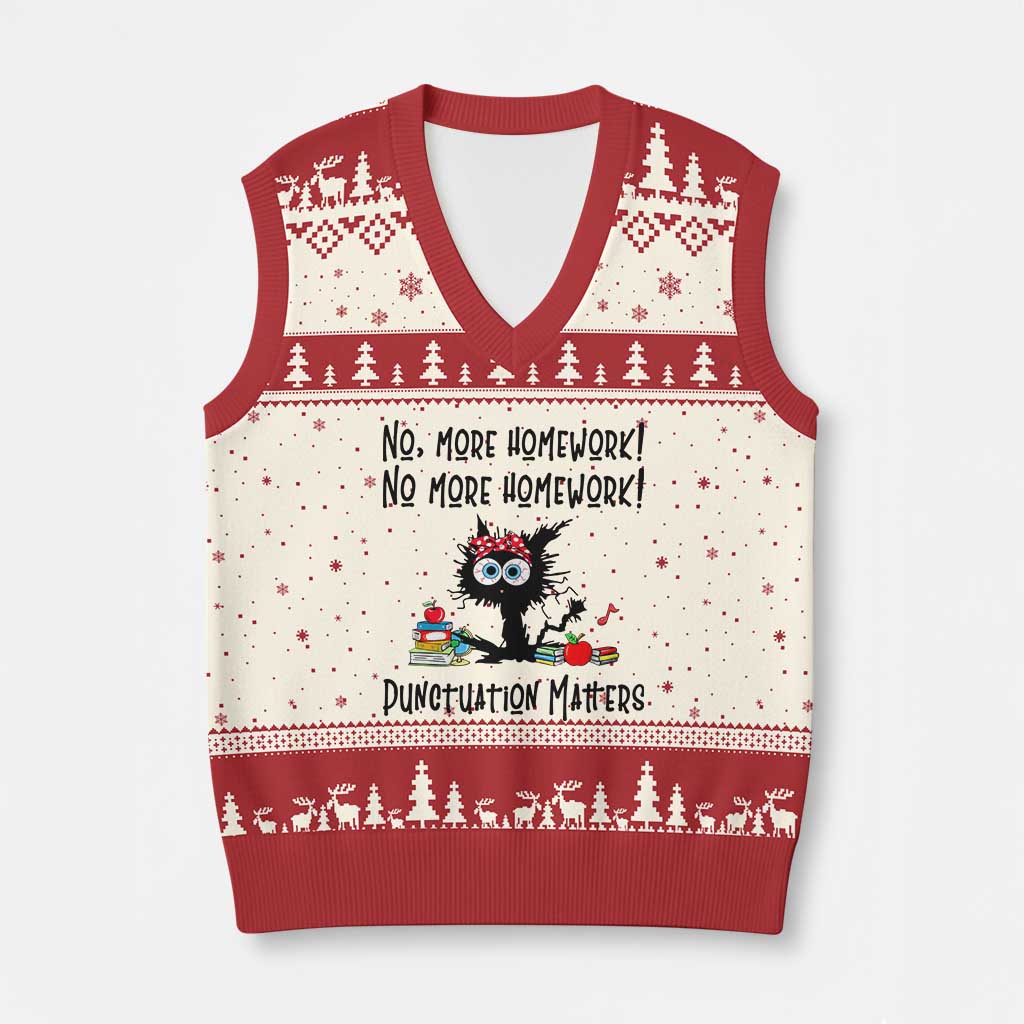 Black Cat English Teacher Gift V-Neck Knit Sweater Vest No More Homework Punctuation Matters Grammar Humor